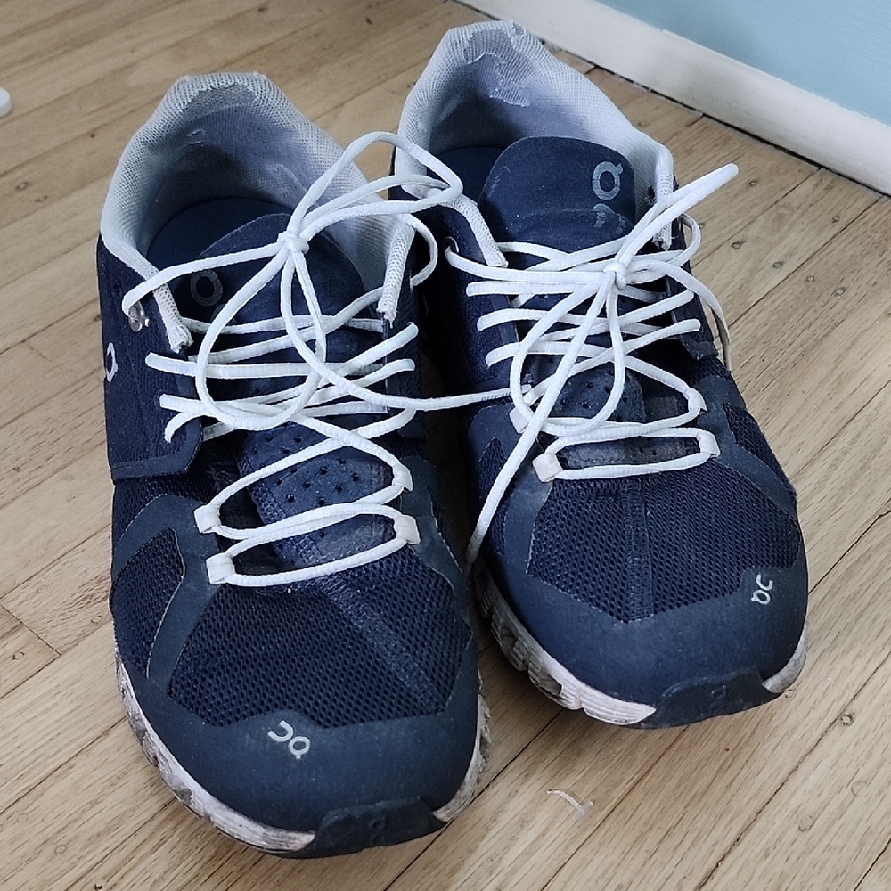 On Running Blue and White Athletic Shoes with Mesh Upper